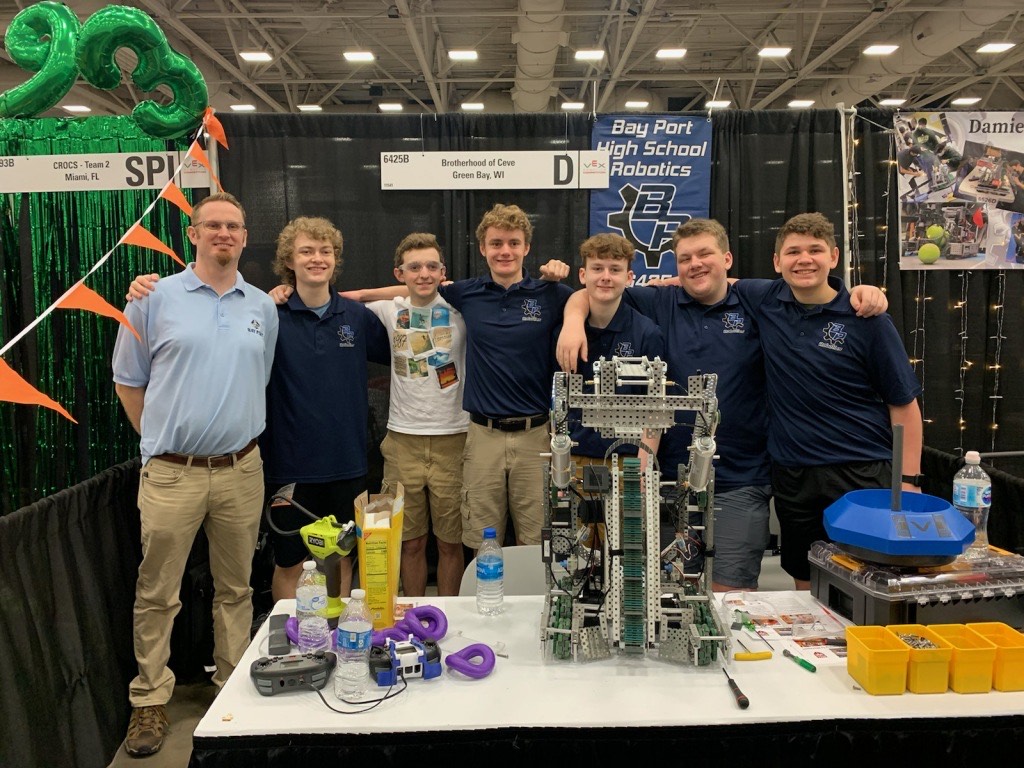 HSSD's tweet image. The Bay Port robotics team recently won five matches at the VEX Robotics Worlds Championship in Texas. They competed among the best robotics teams across the globe in a game called Tipping Point, created by VEX. We are proud of this team!