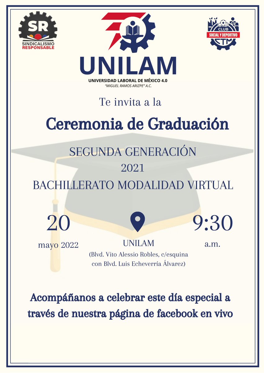 UNILAM4_0's tweet photo. El link para poder ver la graduación en vivo se dará a conocer una hora antes del evento.  #SoyUNILAM

@tereso_medina 
@SResponsableMX https://t.co/ujkL0zvOYO