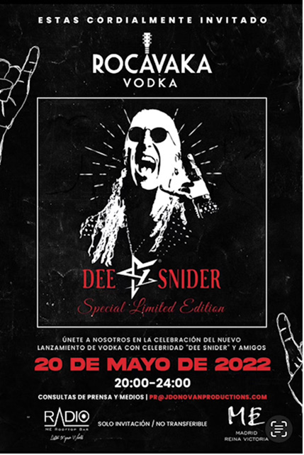 The Rocavaka launch party is coming up in just two days!
On May 20, 2022, you can join Dee Snider at his exclusive launch party for Rocavaka Vodka at Radio Rooftop.
rocavaka.com
#madridparty #madridpartynightlife #vodkamadrid #heavymetalmadrid
