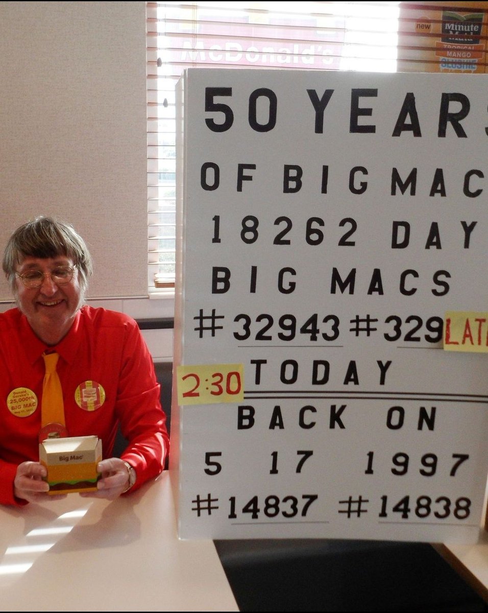 Si crees que eres constante, es porque no conoces a Don Gorske, quién ayer, 17 de mayo de 2022, cumplió 50 años comiendo un Big Mac a diario (con excepción de 8 días) en el McDonalds de Fond du Lac (Wisconsin 🇺🇸) desde que probó el primero, el 17 de mayo de 1972.