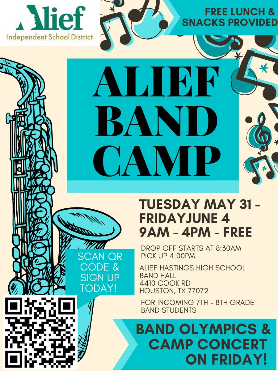 MataBand56's tweet photo. Free Summer Band Camp! Use QR Code to sign-up! 

FREE: band camp, lunch, snacks, games, and of course playing instruments with all Alief Middle &amp; Intermediate Band Students (incoming grades: 7 &amp; 8). 

Details on Flyer!

@AliefISD @mataeagles @HolubMiddle https://t.co/ldDJEHMYEZ