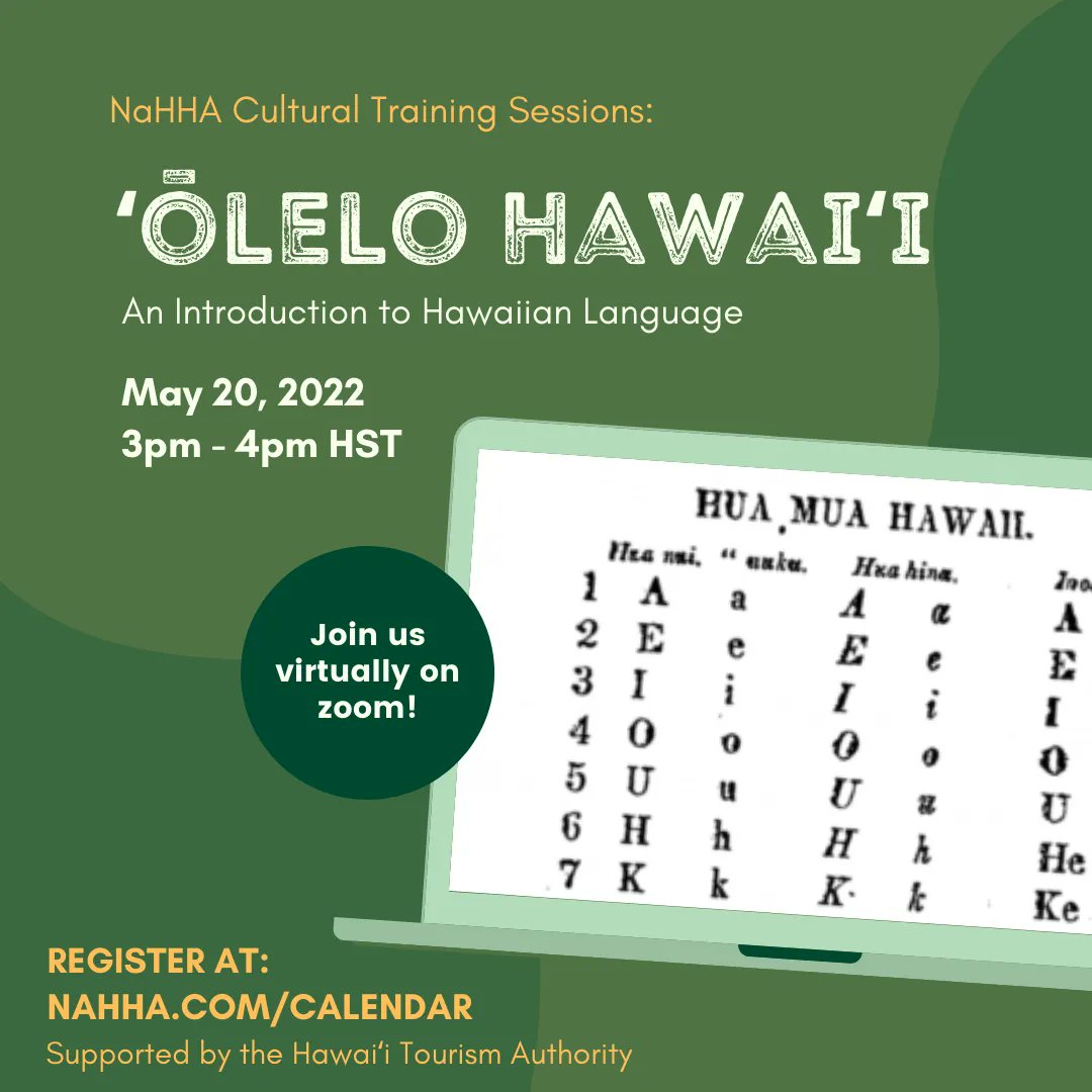 NaHHA808's tweet photo. Join us May 20, 3:00 p.m. - 4:00 p.m. for a FREE online cultural training sessions on "ʻŌlelo Hawaiʻi - An Introduction to Hawaiian Language."
For more information and to register, visit https://t.co/826UFCdQdi.
#NaHHA #Hawaiian #ʻōlelohawaiʻi #HawaiʻiTourism https://t.co/8jwxTYSboC