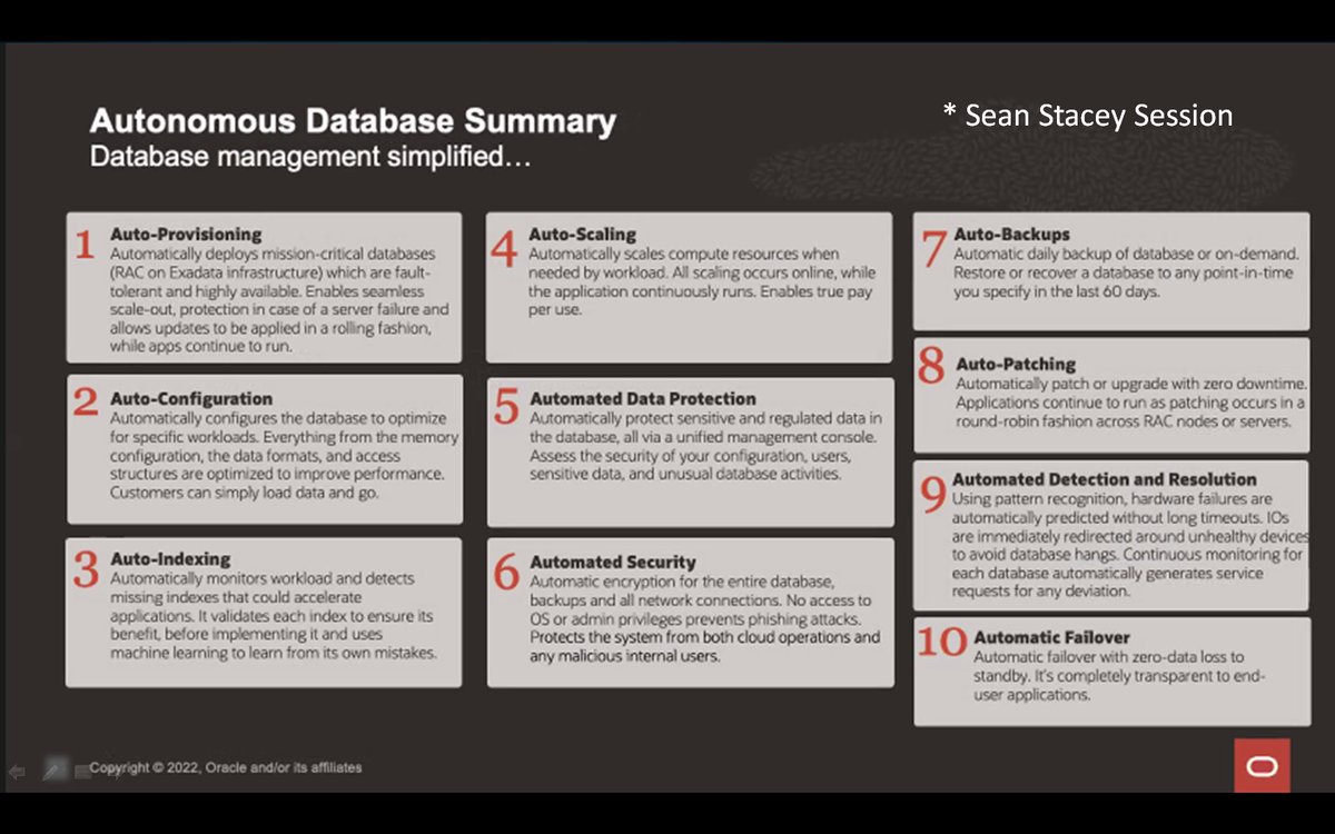 RichNiemiec's tweet photo. Nice slide from @seanstaceyfwiw on all things that #autonomous #database does for you! Whether you're a #DBA or #devops or #developer, a #free database helps to practice!
#oraclecloud #database #ACED #NYOUG #Incorta #Quest @ViscosityNA @oracleace #Oracle #databases #cloud https://t.co/1Zf6VZI8ks