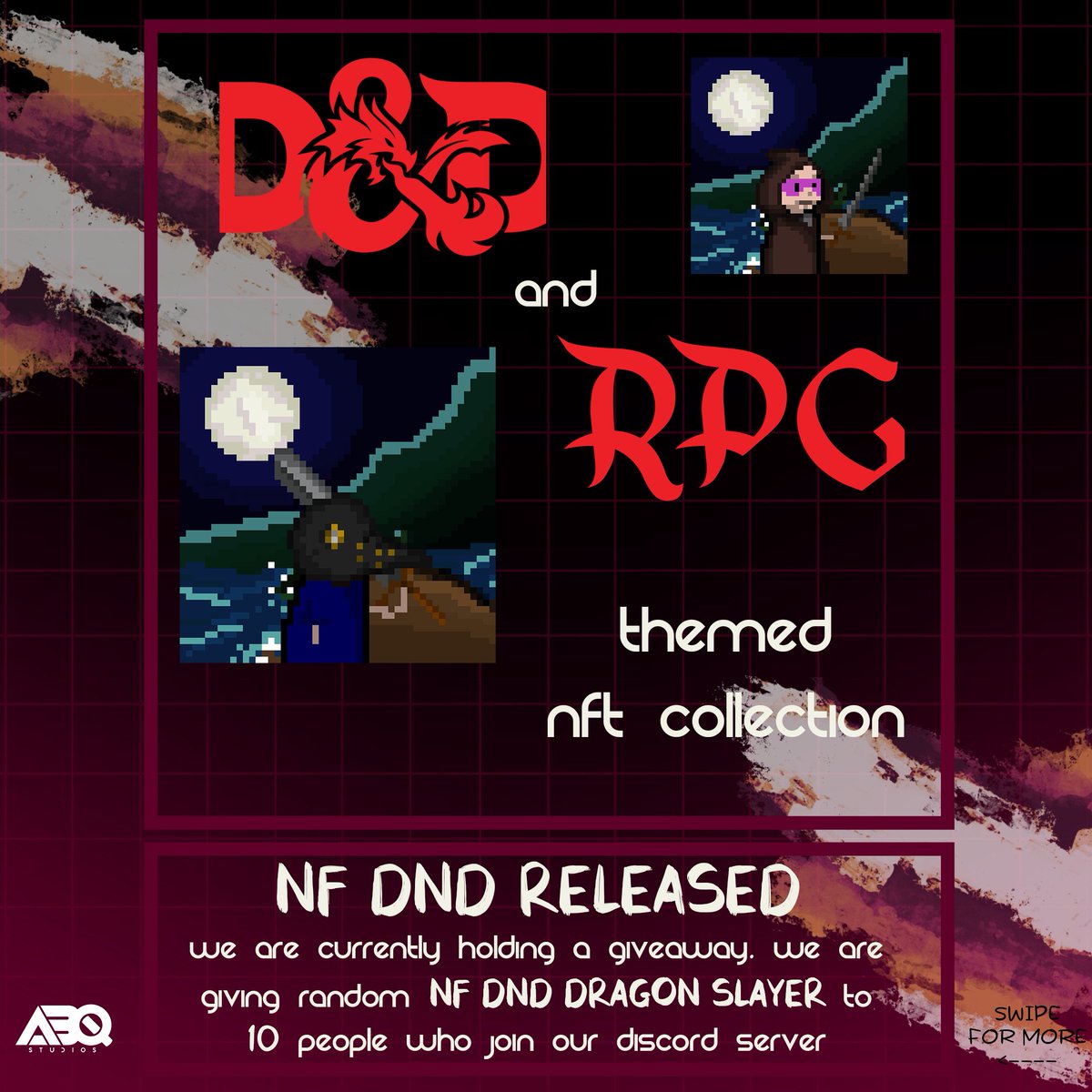 ⚔️Join our discord server at the link in our BIO to join the giveaway of our story-based NFT collection. 
📜Don't forget to check our <a href="/opensea/">OpenSea</a> profile
#giveaway #NFTGiveaways #nft #NFTCommunity #NFTs #NFTdrop #dnd #rpg #nfdnd #Ethereum #Binance #opensea #geek
