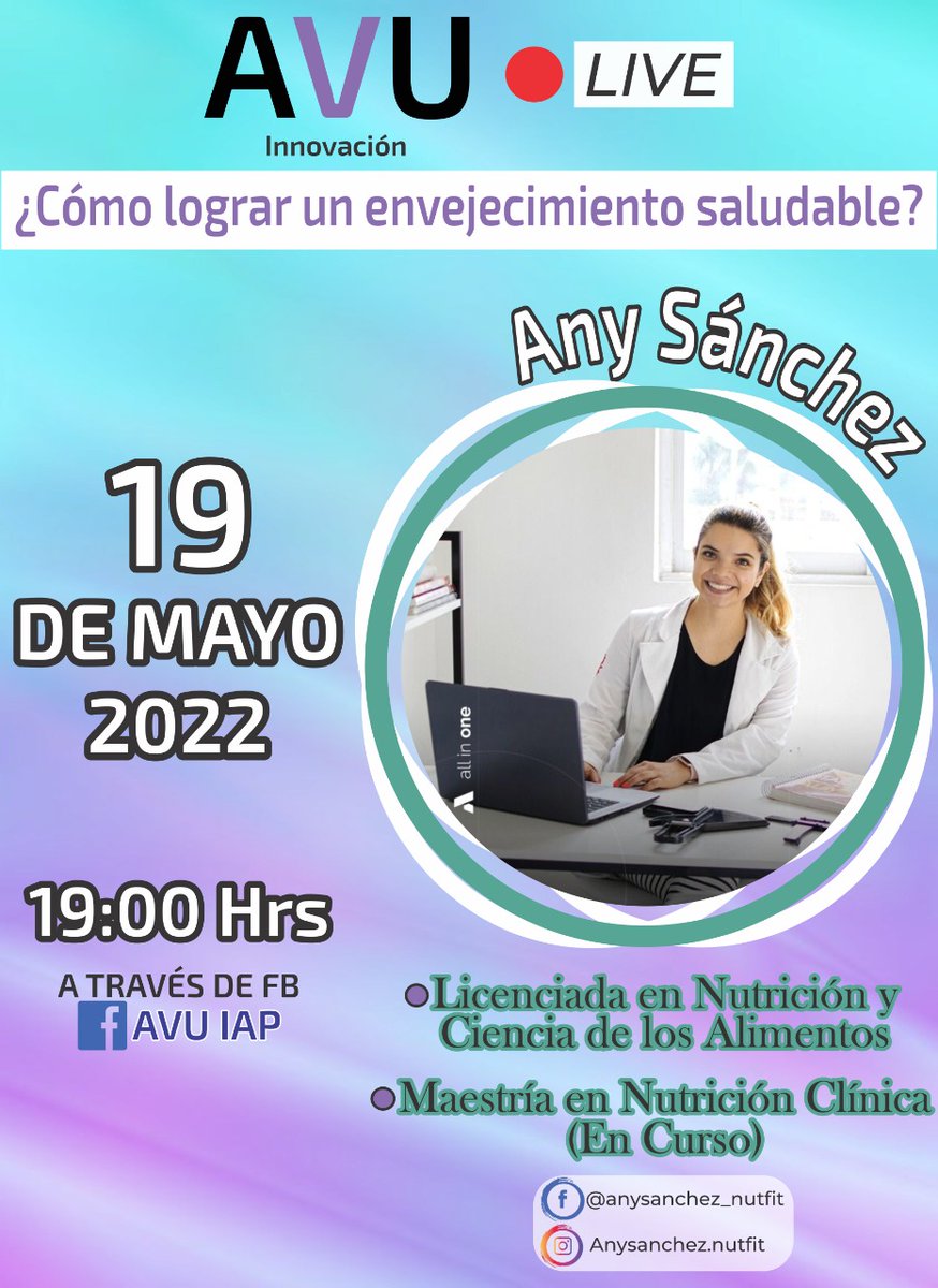 avuiap's tweet image. Any nos hablará de la importancia de la alimentación en el envejecimiento, así como recomendaciones para mejorar nuestros hábitos alimenticios y físicos durante la vejez.
¡Sé parte de esta transmisión y compártenos tus dudas!

#AvuIap #EnvejecerEsFantástico #Live #habitos #salud