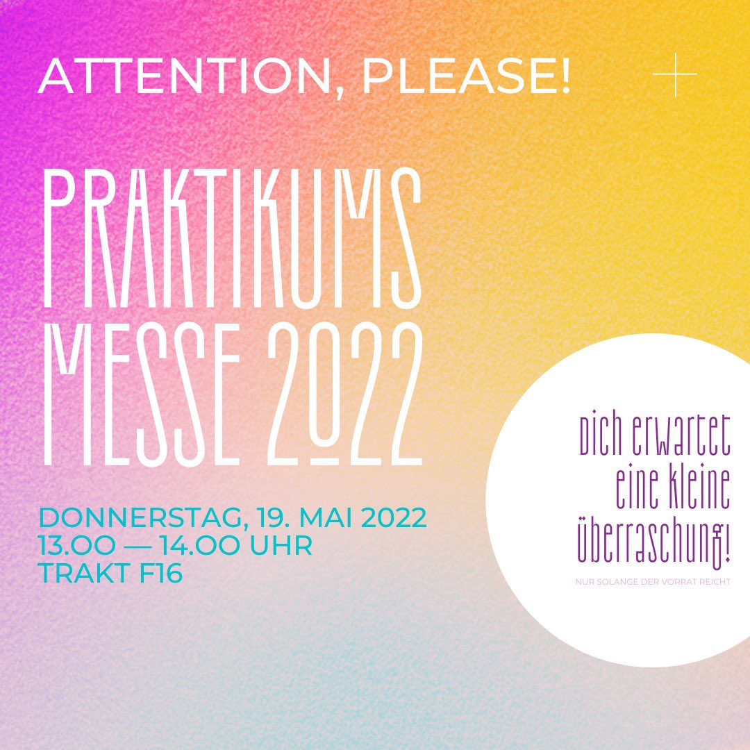 Morgen zwischen 13:00 und 14:00 ist Praktikumsmesse des 6. Semesters! Kommt gerne vorbei! 🙏🏼 #onkomm #praktikomm