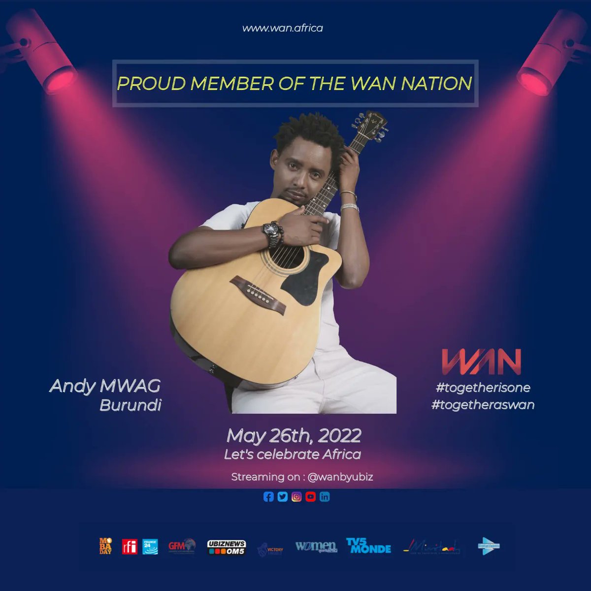 WANbyUbiz's tweet photo. Let's join Geneviève Matibeye, 10 Volts, @CorryDenguemo and @AndyMwag for the WAN SHOW 2022 on May, 26th. 
Be there ✌🏾✌️

#iamwan #togetherisone #togetheraswan #africa #diaspora https://t.co/3E4ZYjZuUu