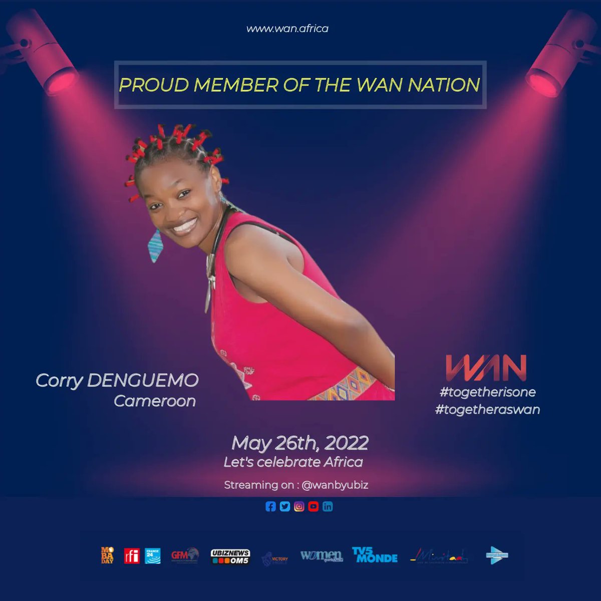WANbyUbiz's tweet photo. Let's join Geneviève Matibeye, 10 Volts, @CorryDenguemo and @AndyMwag for the WAN SHOW 2022 on May, 26th. 
Be there ✌🏾✌️

#iamwan #togetherisone #togetheraswan #africa #diaspora https://t.co/3E4ZYjZuUu