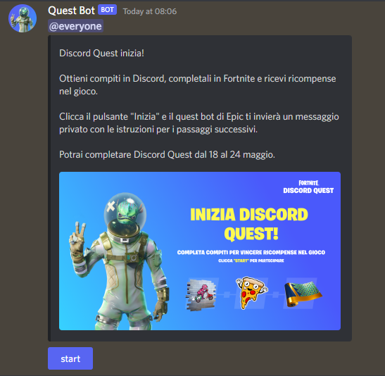 FNAssist on X: The #Fortnite Italy Discord bot is now functioning more,  responses may still fail occasionally or take a few minutes but if you  interact with the start button you should