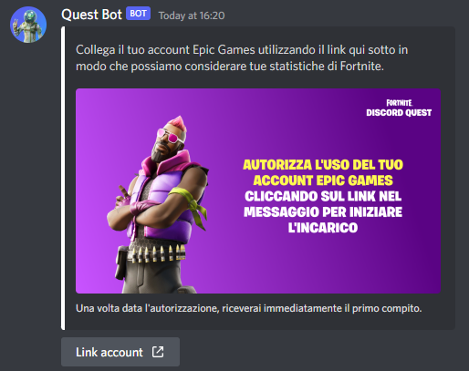 FNAssist on X: The #Fortnite Italy Discord bot is now functioning more,  responses may still fail occasionally or take a few minutes but if you  interact with the start button you should