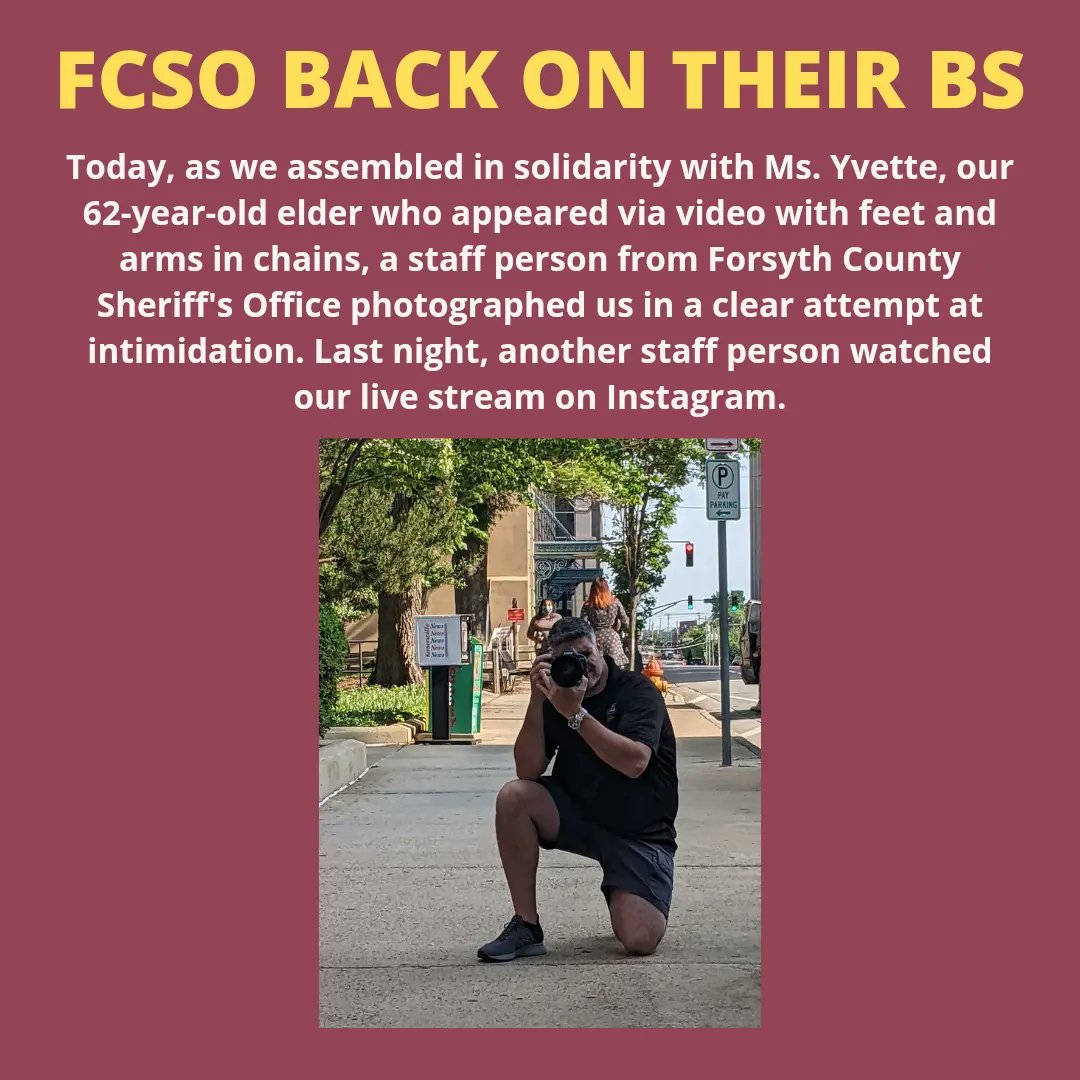 TriadAbolition's tweet photo. Forsyth County Sheriff's Office @ForsythCountySO back at it harassing and trying to intimidate TAP members. You know who we are and what we stand for. No need to send your overpaid PR people to harass us as we assemble to cover and protect our elder who you violently assaulted. https://t.co/XFJYRy8gQo
