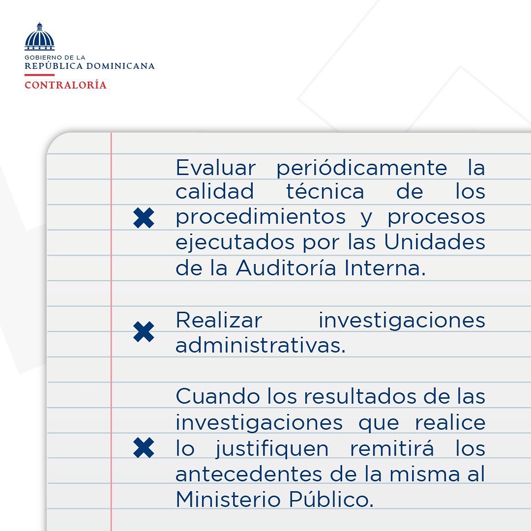 ContraloriaRD's tweet image. Somos el órgano rector del control interno; ejercemos la fiscalización interna y la evaluación del debido recaudo, manejo, uso e inversión de los recursos públicos.

#ContraloríaRD #CGR #SomosControl