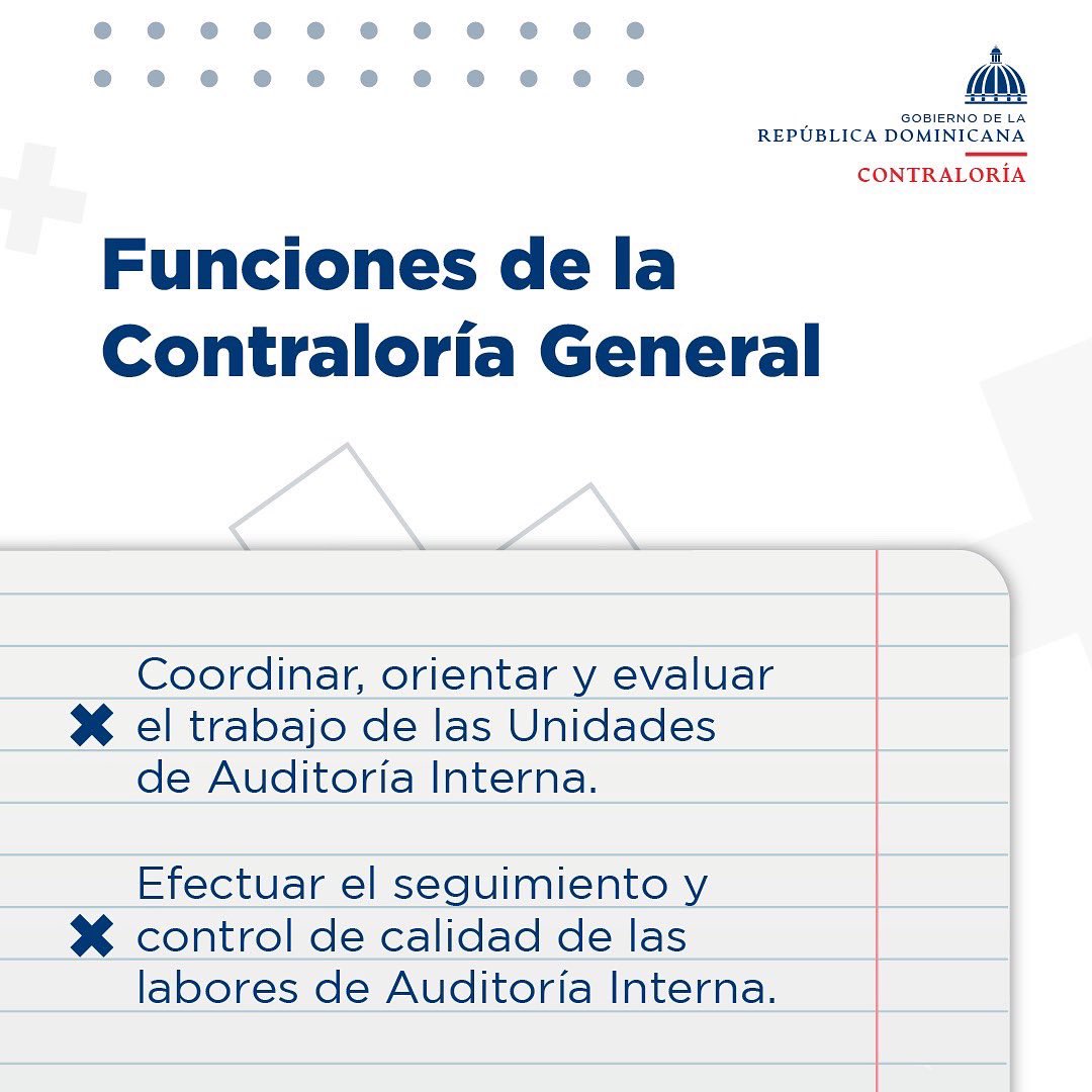 ContraloriaRD's tweet image. Somos el órgano rector del control interno; ejercemos la fiscalización interna y la evaluación del debido recaudo, manejo, uso e inversión de los recursos públicos.

#ContraloríaRD #CGR #SomosControl