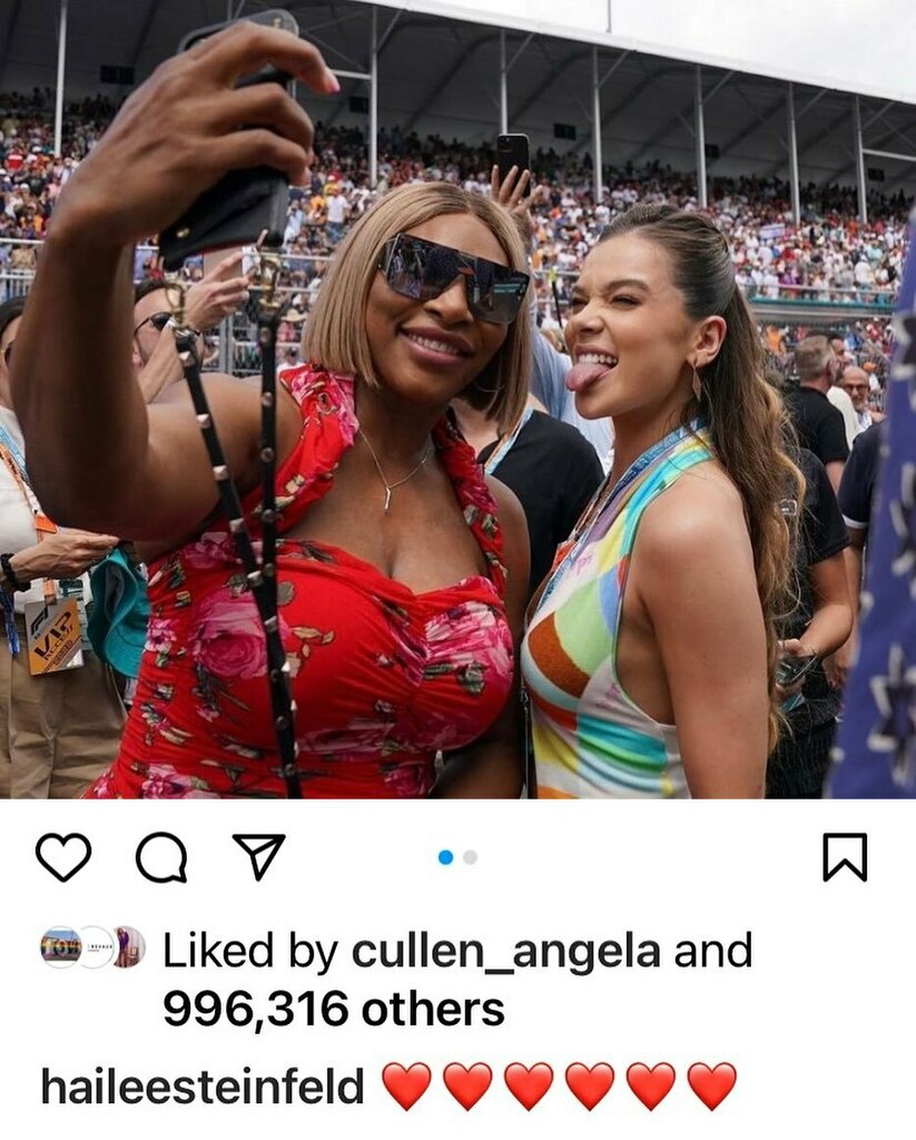 everysecondf1's tweet photo. Hailee posted my photo of her and Serena Williams in Miami. It has over 996,000 likes so far 🤩 

Will it make it to 1 million???

📸 @elliejhoad @everysecondf1 

#haileesteinfeld #serenawilliams #heineken #miami #miamigrandprix #f1 #f1mia #grid #celeb… https://t.co/fHZZFAZ4Sb https://t.co/UUVdxS50QC