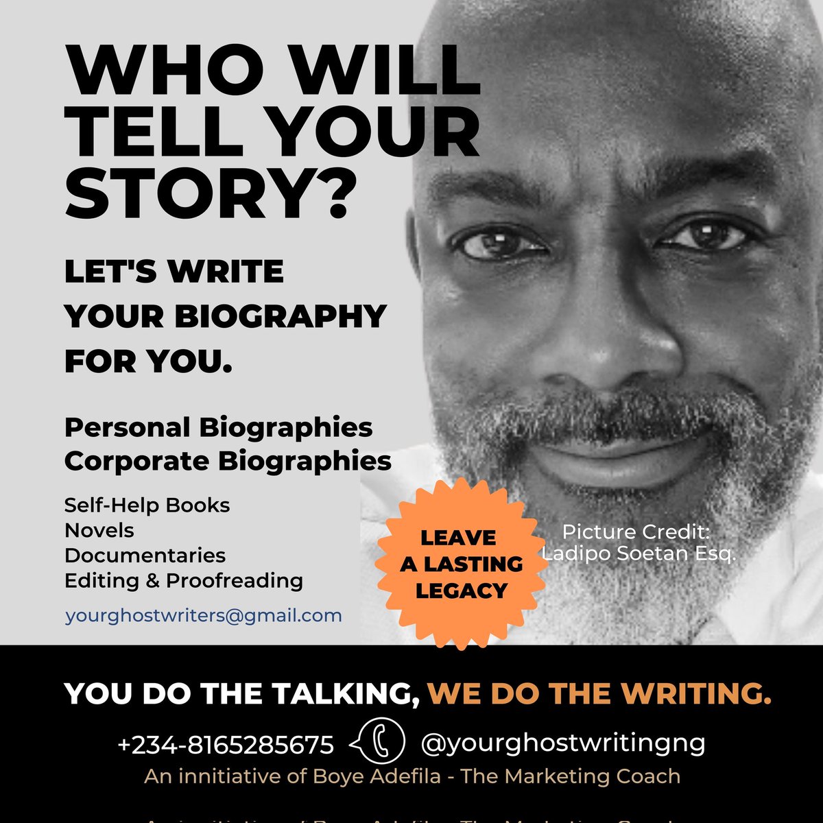 ghostwritingng's tweet photo. Seriously, that's our day job. Give yourself or someone you value, a birthday gift that outlives them -  their biography! 
Send a DM or WhatsApp +2348165285675 to get started today.
#ghostwriting #writersblock #ghostwriters #biographers #storytellers #ghostwritinginnigeria https://t.co/mzOi3sz1Ya