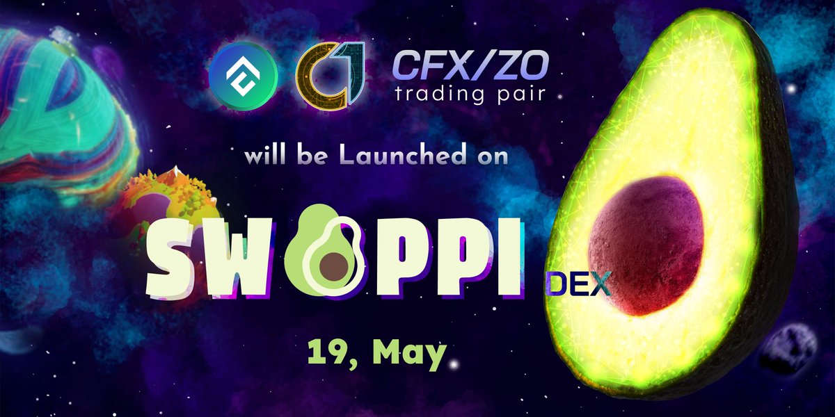 🧨Good news to announce！

🎉We're happy to have launched the CFX/ZO trading pair on <a href="/SwappiDEX/">Swappi</a> SwappiDEX.
⌚️UTC May 19th 1:00 p.m.

🤫ZO loaning reward on eSpace of <a href="/Conflux_Network/">Conflux Network Official</a> will begin too.
⌚️UTC May 19th 9:00 a.m.