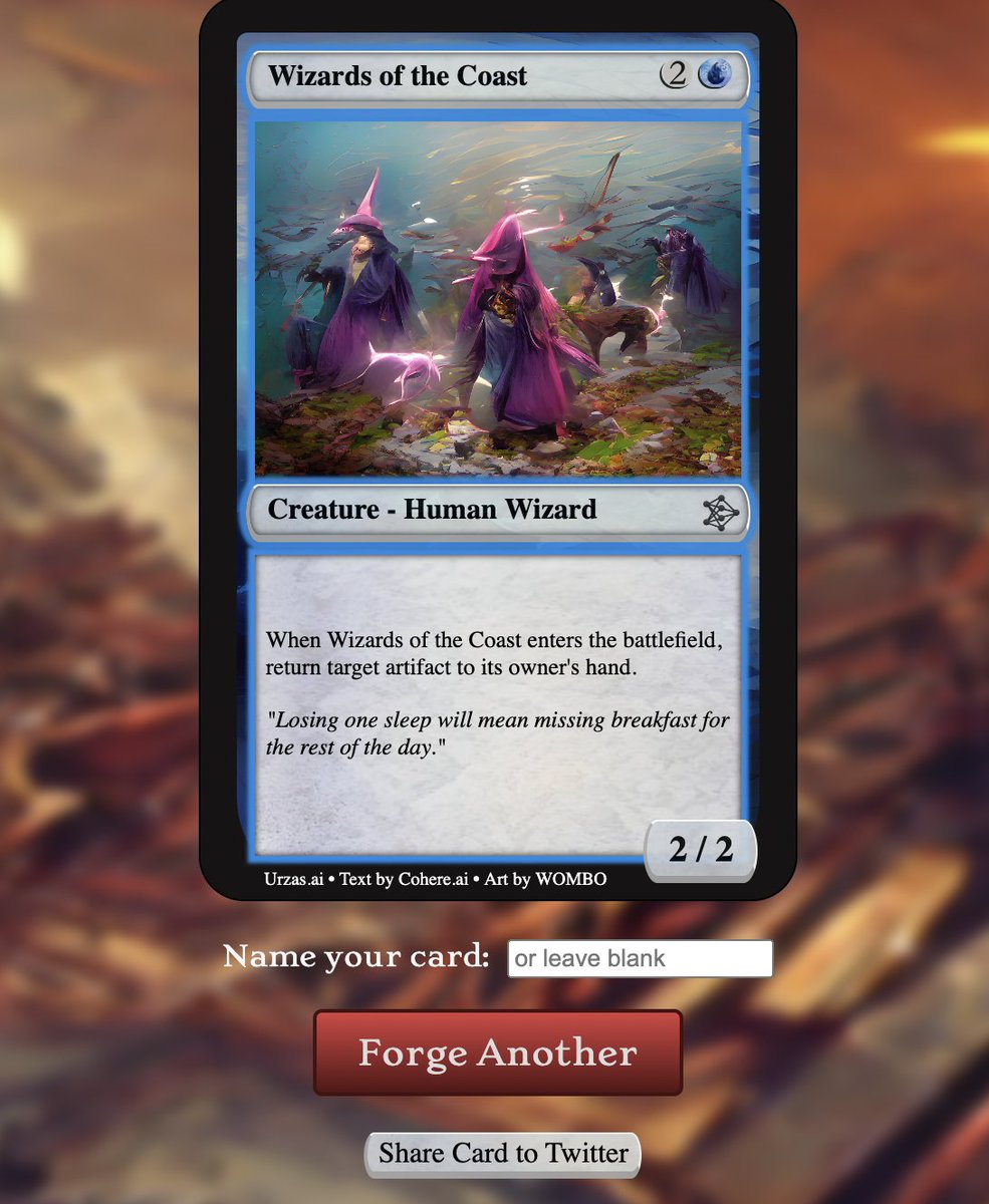 We made a website that generates full @wizards_magic Magic the Gathering cards using @CohereAI and @WOMBO We made it to the front page of hacker news yesterday Try it out at urzas.ai @urzas_ai! this is a thread about how we did it!