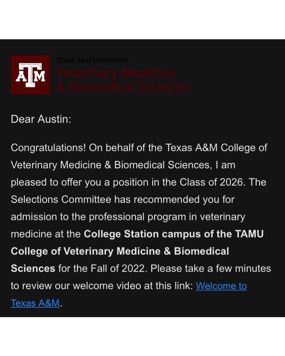 TN_Austin's tweet photo. I’m proud to announce that I was accepted into the Texas A&amp;M College of Veterinary Medicine as a member of the Class of 2026. All the hard work, stress, and dedication has finally paid off. The road ahead won’t be easy, but I am ready for this next big step in my life! https://t.co/ljVbY6qF1T