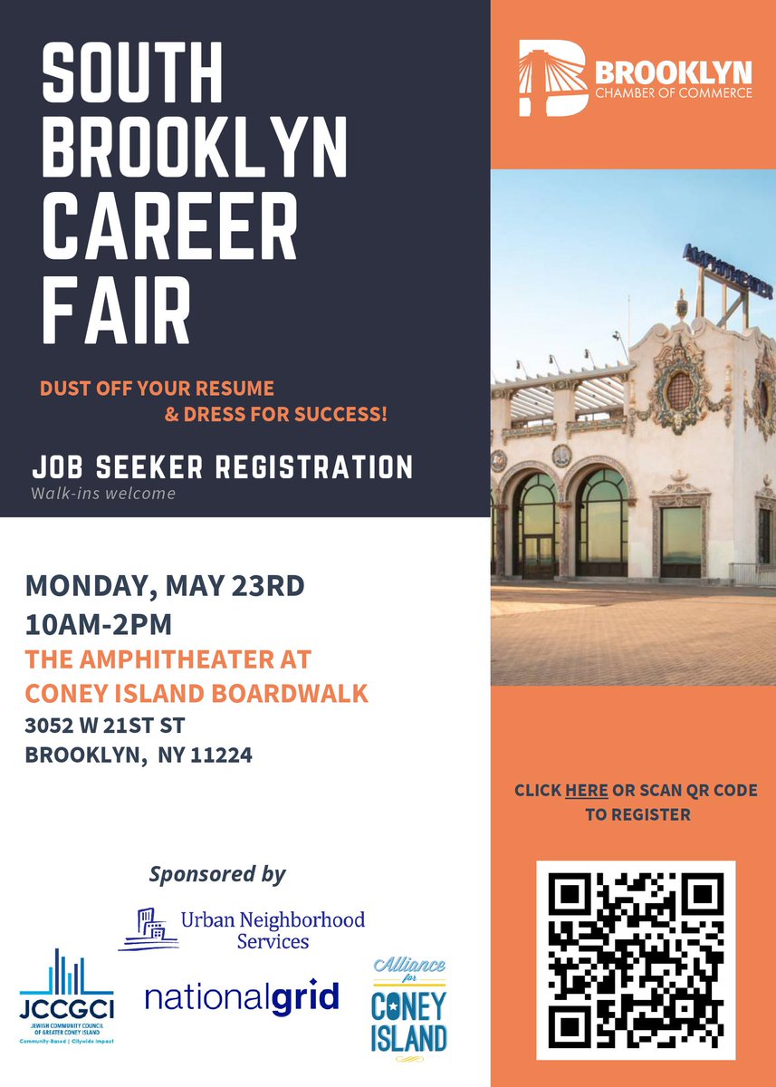 Looking for a job? Brooklyn Chamber of Commerce is hosting a career fair this Monday, May 23rd at the Amphitheater at Coney Island Boardwalk! Please help spread the word to any friends, family or neighbors who are searching for employment. Register here:  forms.gle/4AFNZmKgFxWhHT…