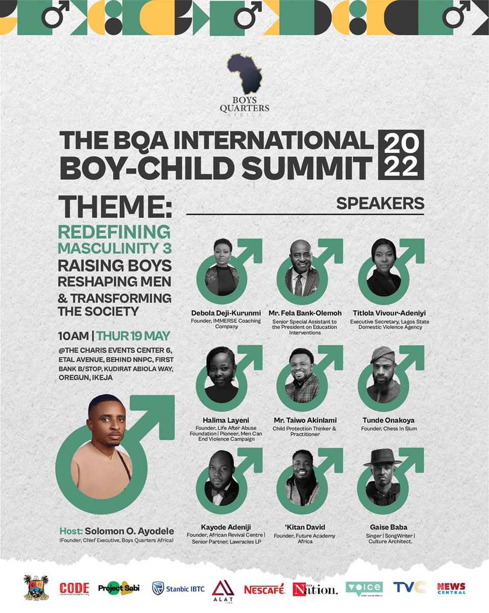 I Will Be Speaking @ The Boys Quarters Africa International Boy-Child Summit Tomorrow, Thursday 19th May, 2022, 10am Follow @boysqafrica for information on how to attend. #boychild #internationalboychildday #FBO #FBOCommunity #felabankolemhoh #makeitcount
