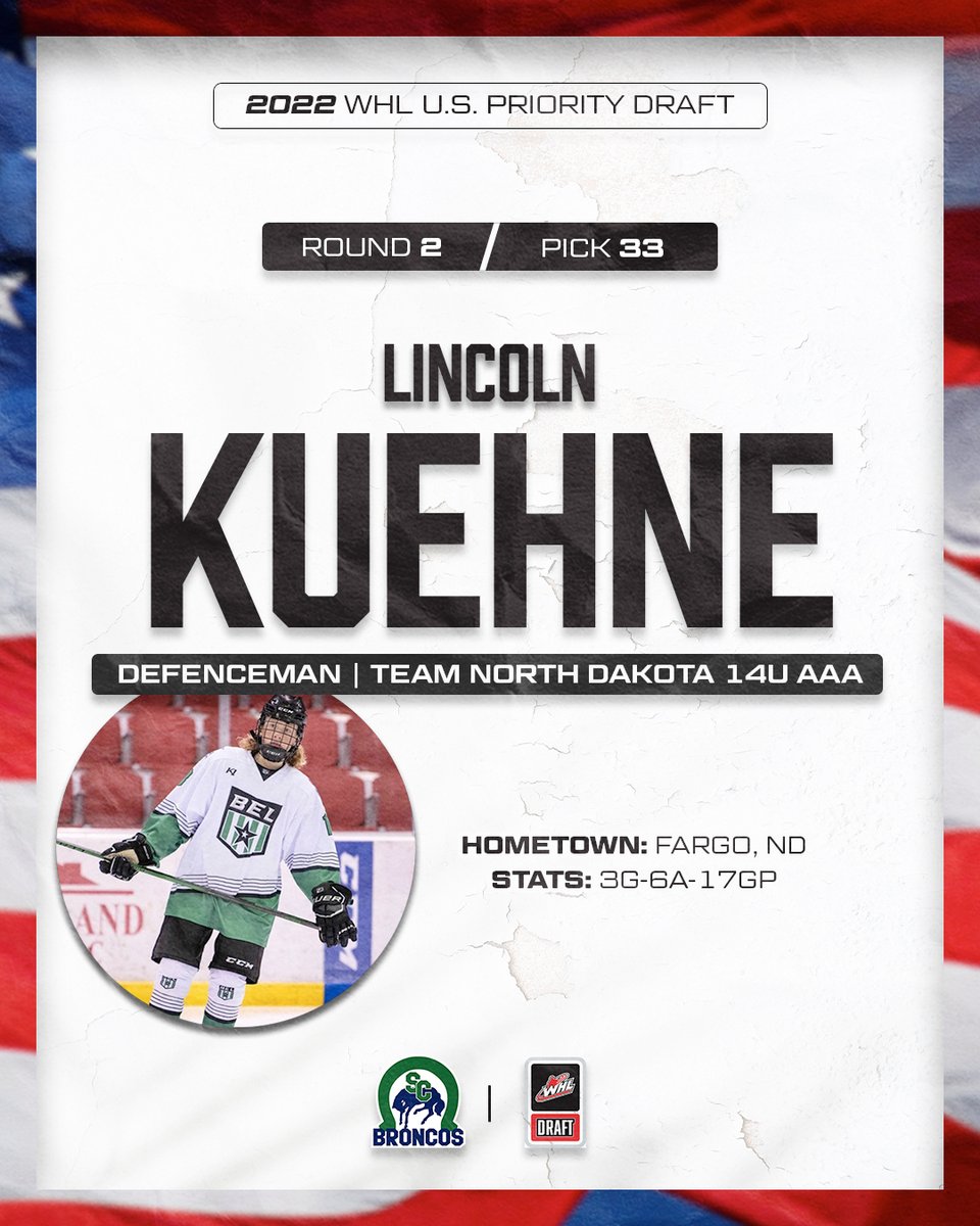 SCBroncos's tweet photo. With the 33rd overall selection in the 2022 WHL U.S. Priority Draft, the Swift Current Broncos are proud to select defenceman Lincoln Kuehne from Fargo, North Dakota! 

He and 12th overall selection Tyson Ulmer were teammates this past season. https://t.co/359Bzo8iRz