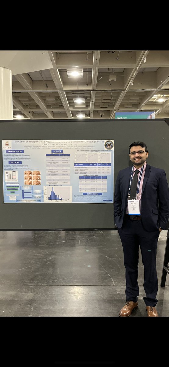 Thrilled to represent @BrownIMRes and finally present in person at #ATS2022 . Thanks to @FabioLimaMD and @GChoudharyMD for guiding me through this & to @Eko_Health for the opportunity to collaborate. Excited to see what the future holds for AI/ML in medicine!  

@BrownCardiology