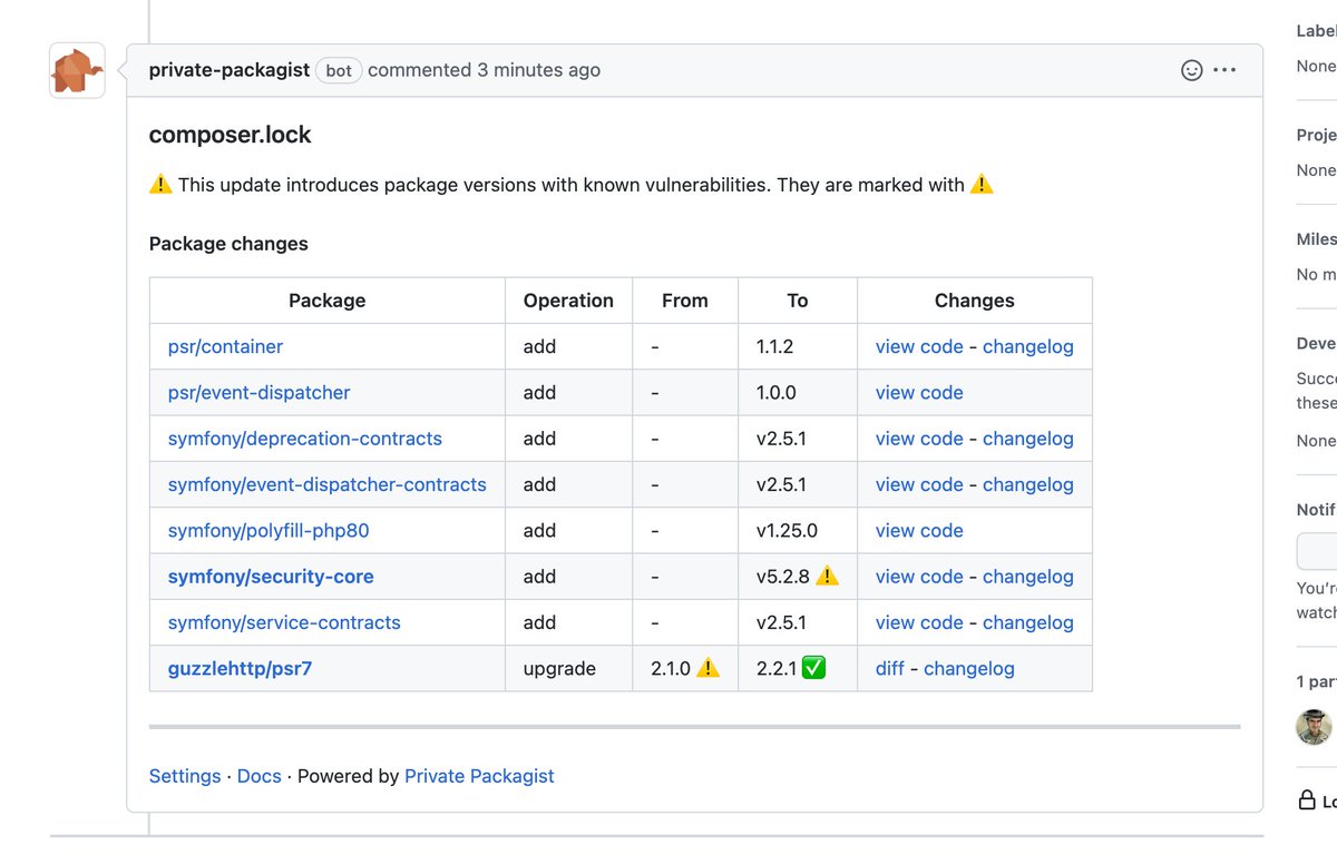 packagist's tweet image. We combined Private Packagist Update Review &amp;amp; Security Monitoring: Our comments on PRs modifying dependencies in composer.lock now warn you when introducing a dependency version with known security vulnerabilities. Versions with fixes are highlighted too! #composerphp #phpc #php