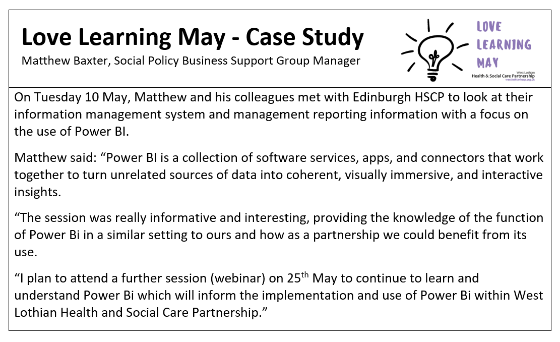 WestLothianHSCP's tweet photo. We strive to have a learning culture to allow staff to engage positively. 

Anyone can find out about learning through their line manager. 

Today one of our managers Matthew Baxter speaks about a learning opportunity he recently undertook with @EdinburghHSCP #LoveLearningMay https://t.co/ZBRnLOWC3R