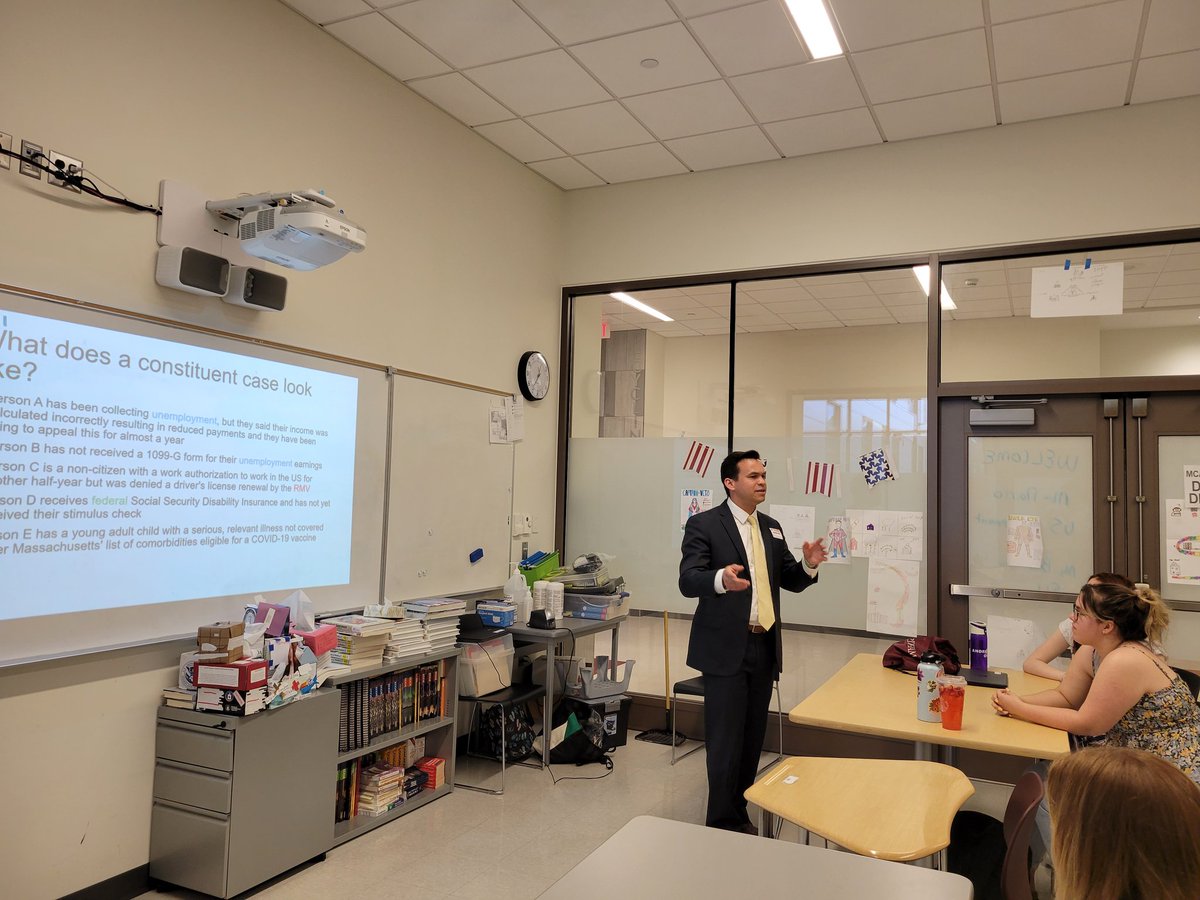 RepDanSenaMA's tweet photo. Great time visiting Amy Narro's AP US Government and Politics class at Ayer-Shirley! Students had excellent questions as always. Got to say hi to Emily Granger, an intern in my office this semester, and David Audette, whose Eagle Scout Court of Honor I recently attended. https://t.co/pesCoURJlz