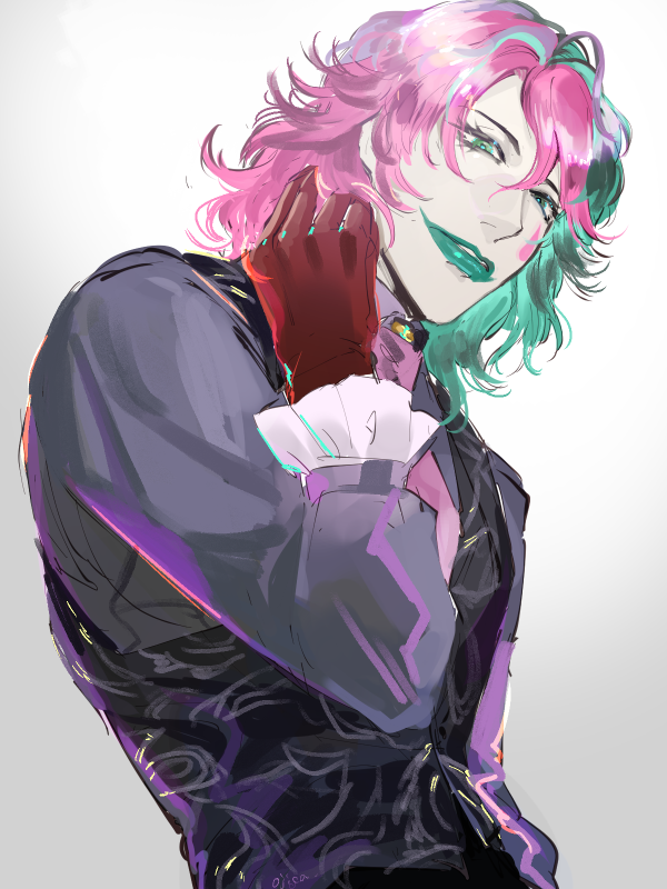 1boy male focus green lips solo gloves pink hair makeup  illustration images