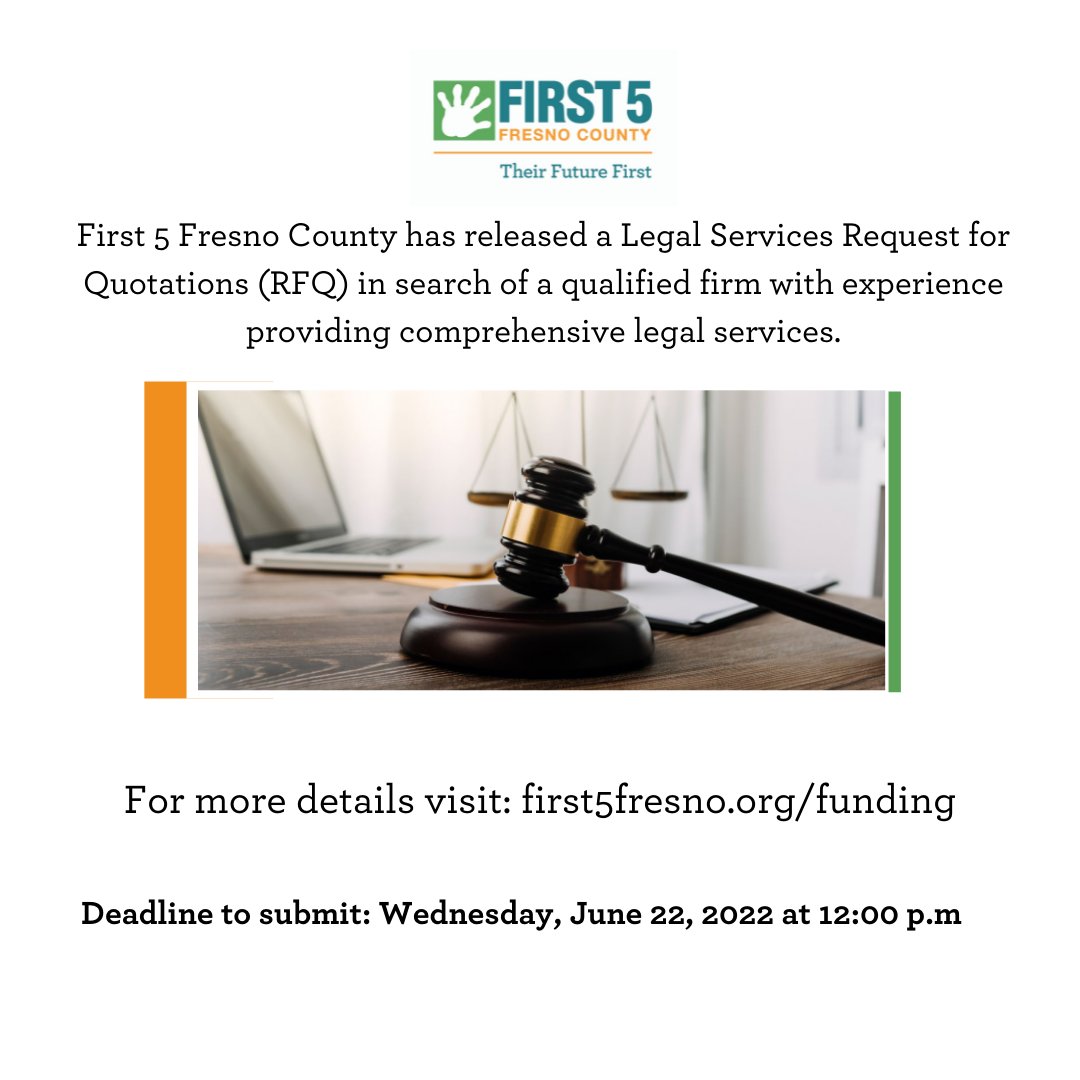 First5Fresno's tweet photo. First 5 Fresno County has released a request for quotations in search of legal services. Please check out the website at https://t.co/c6Y3RdILlv for more details! #theirfuturefirst https://t.co/m3a2IdHjvV