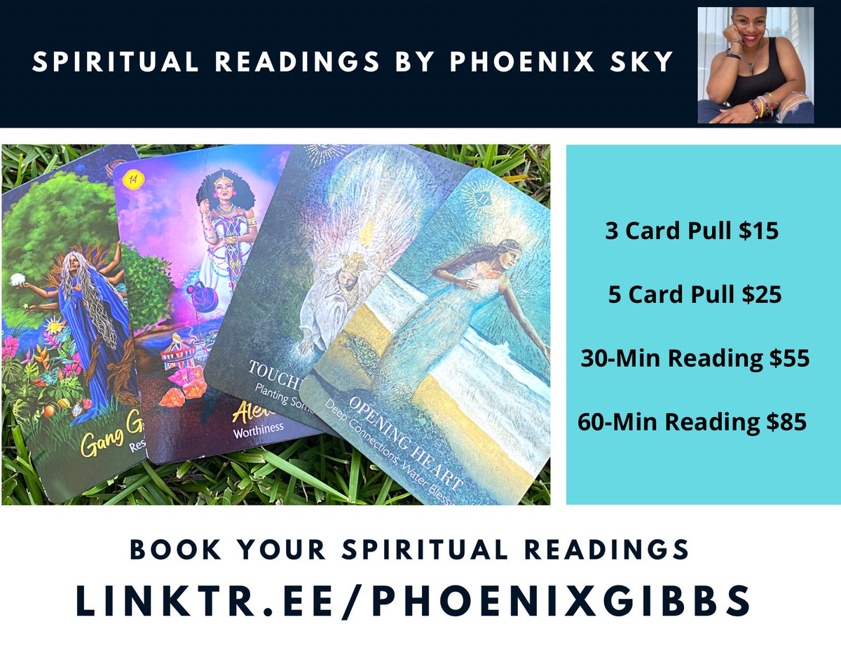 PhoenixSky77's tweet photo. Resuming back to one of my passions and gift. Offering guidance to those who are seeking spiritual enlightenment. Book your reading here: https://t.co/nbI4J9Iyqu 

 #spiritualreadings #readings #alchemist #spiritual #enlightenment #Linktree #bookyourreading #abilities https://t.co/wnx8dIJdxa