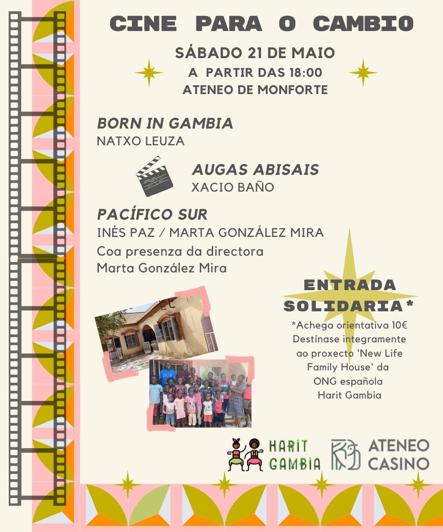 Este sábado propoñemos unha sesión solidaria de cine documental.
O recadado polas entradas destinarase integramente ao traballo con nenos e nenas sen recursos familiares en Gambia que fan dende a ONG Harit Gambia. bit.ly/3wxI6Ks