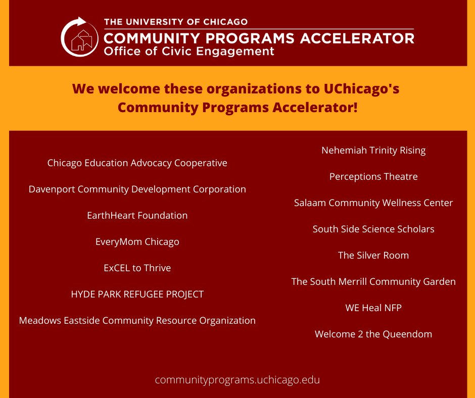 UChiEngagement's tweet photo. Congratulations to the 32 South Side nonprofits being welcomed into the @UChiAccelerator 2022 cohort today, especially the 15 organizations new to the program! Learn how the Accelerator has supported more than 175 South Side nonprofits to date: https://t.co/BmkMpglMiG. https://t.co/4u7WDPzLPv