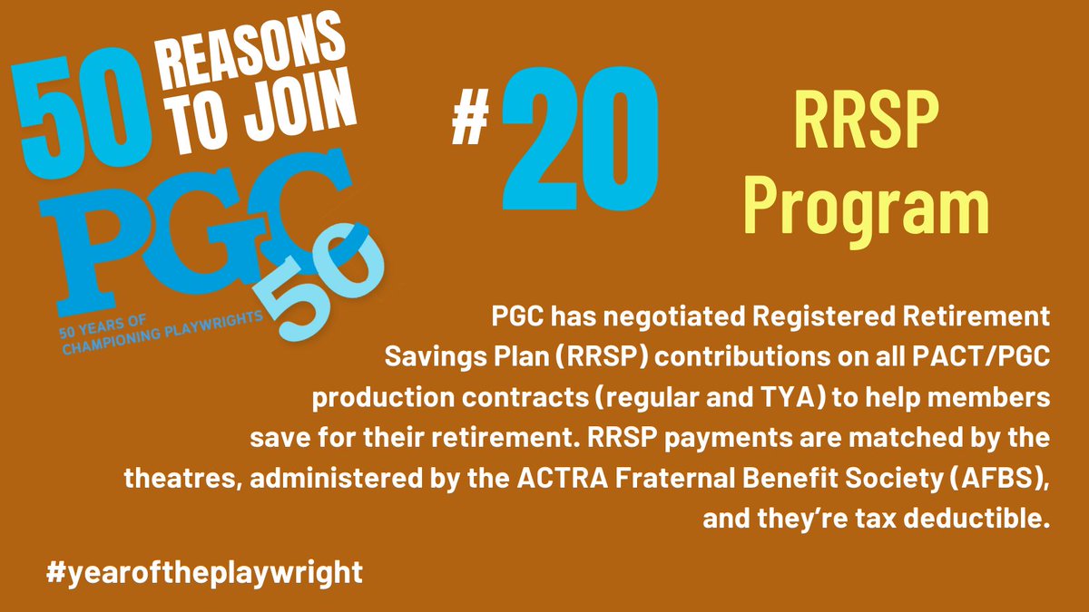 PGuildCanada's tweet photo. The countdown continues as we list 50 REASONS TO JOIN PGC!
Reason #20: RRSP Program
PGC has negotiated RRSP contributions on all PACT/PGC production contracts.
Discover something new at PGC and start your membership today! #pgc50 #yearoftheplaywright #canadianstories https://t.co/bTAGAw8rGE