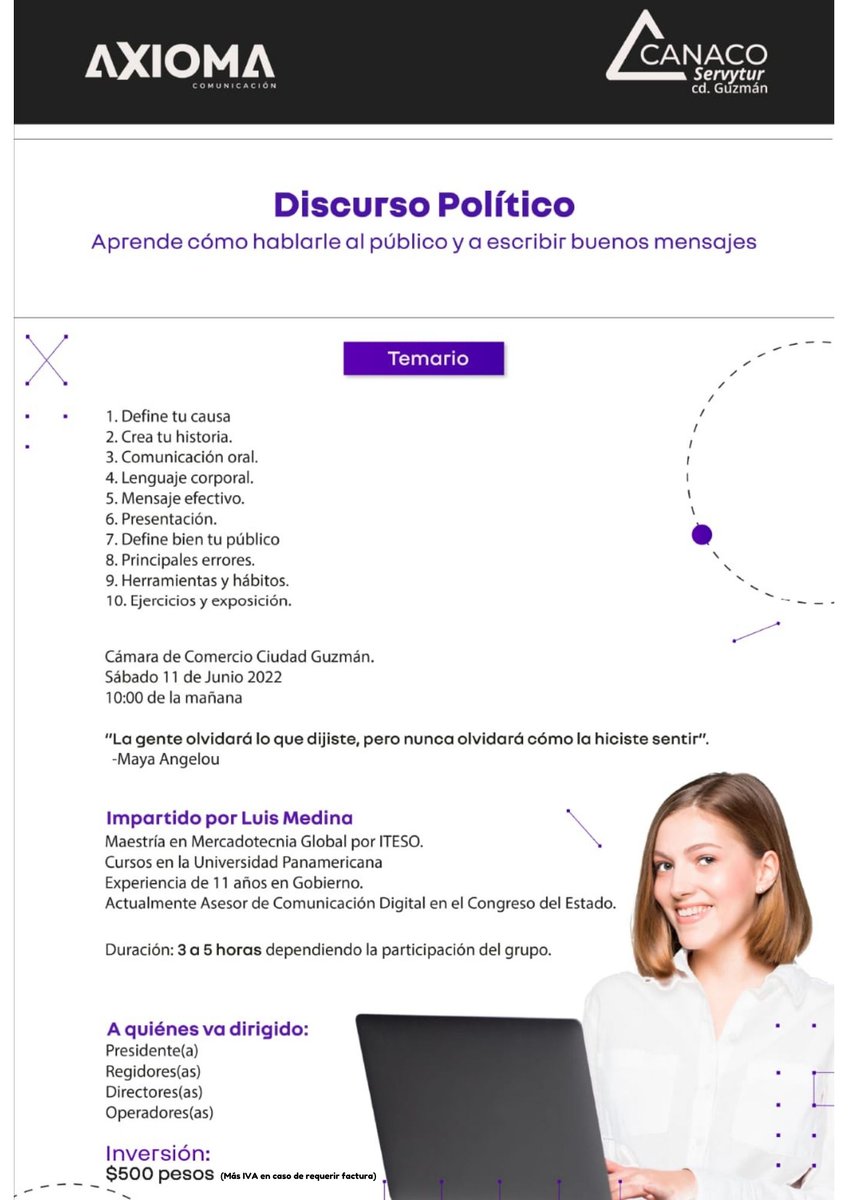 CanacoGuzman's tweet photo. 📌 Curso Discurso Político
📅 11 de junio 2022
⏰ 10 am
Reservaciones
📞341 4120063
📧 canacoguzman@gmail.com
Inversión $500.00 pesos por persona (Más iva en caso de requerir factura) https://t.co/hVj9P9DUZP