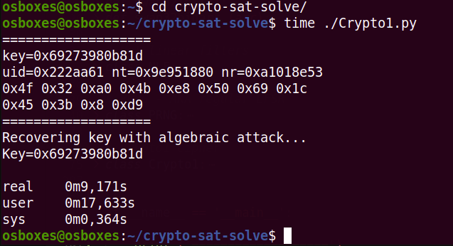 herrmann1001's tweet photo. The user Tinylabs got interested in the #cryptominisat #satsolver where you can recover a MIFARE key in decent speeds. His implementation works.
ping @SoosMate :)
https://t.co/NFNHjZkEIF https://t.co/UfxnG7u2nd