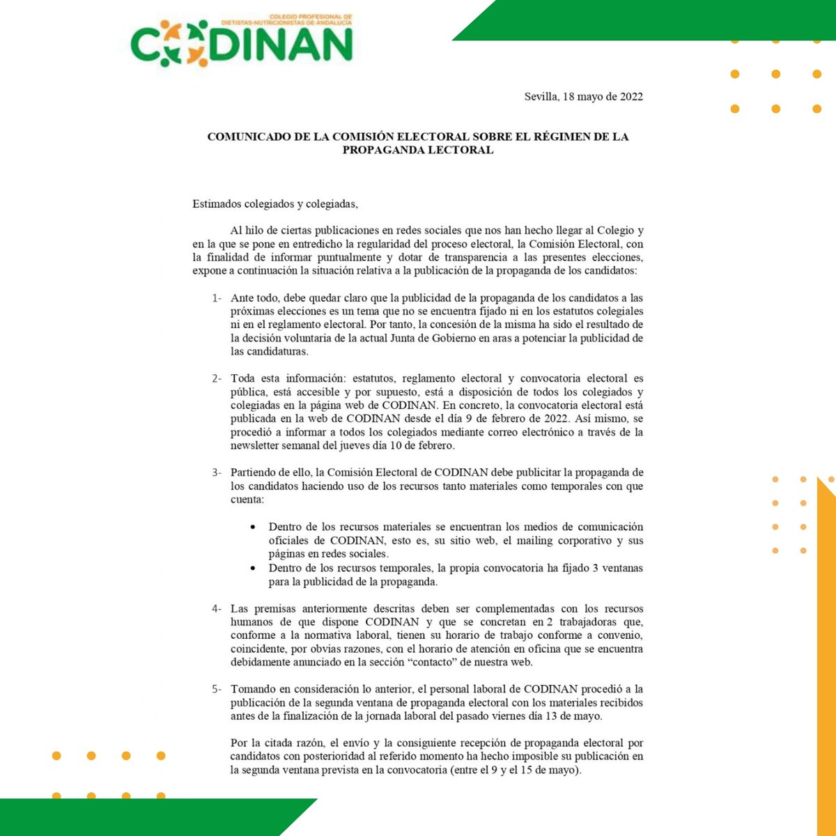DN_Andalucia's tweet photo. 📣 Comunicado Comisión Electoral 📣
Hacemos llegar la comunicación de la Comisión Electoral sobre el régimen de la propaganda electoral de la próximas elecciones de Codinan que se llevarán a cabo el próximo 5 de junio de 2022.
Más info en nuestra web. https://t.co/kmr1lvFz9I https://t.co/4rpeBtLDMc