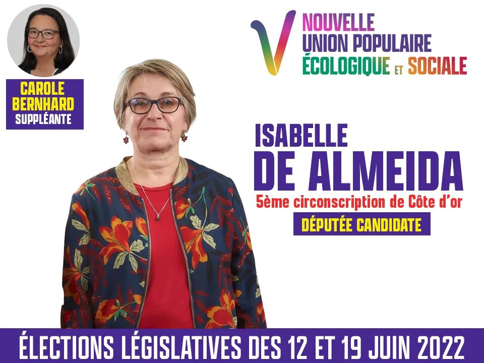 Isabelle De Almeida (PCF) est notre candidate pour la #NUPES sur la 5ème circonscription de Côte d'Or ! ✌️🇨🇵🌱 #circo2105 #côtedor

#legislatives2022 #Melenchon1erMinistre