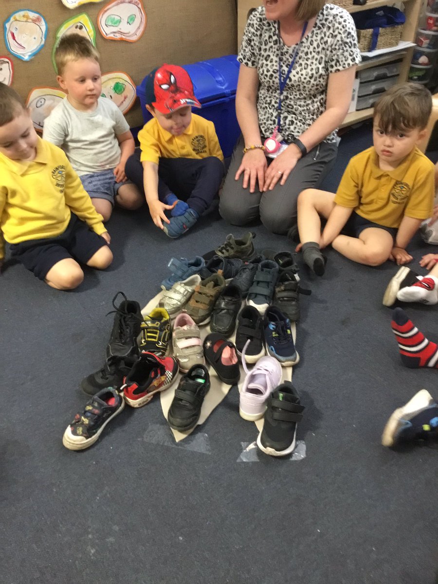 Today a dinosaur’s footprint appeared on Tadpoles carpet! We estimated how many shoes would fit on the footprint. Some said 5,7,3 but it was actually 22 shoes!