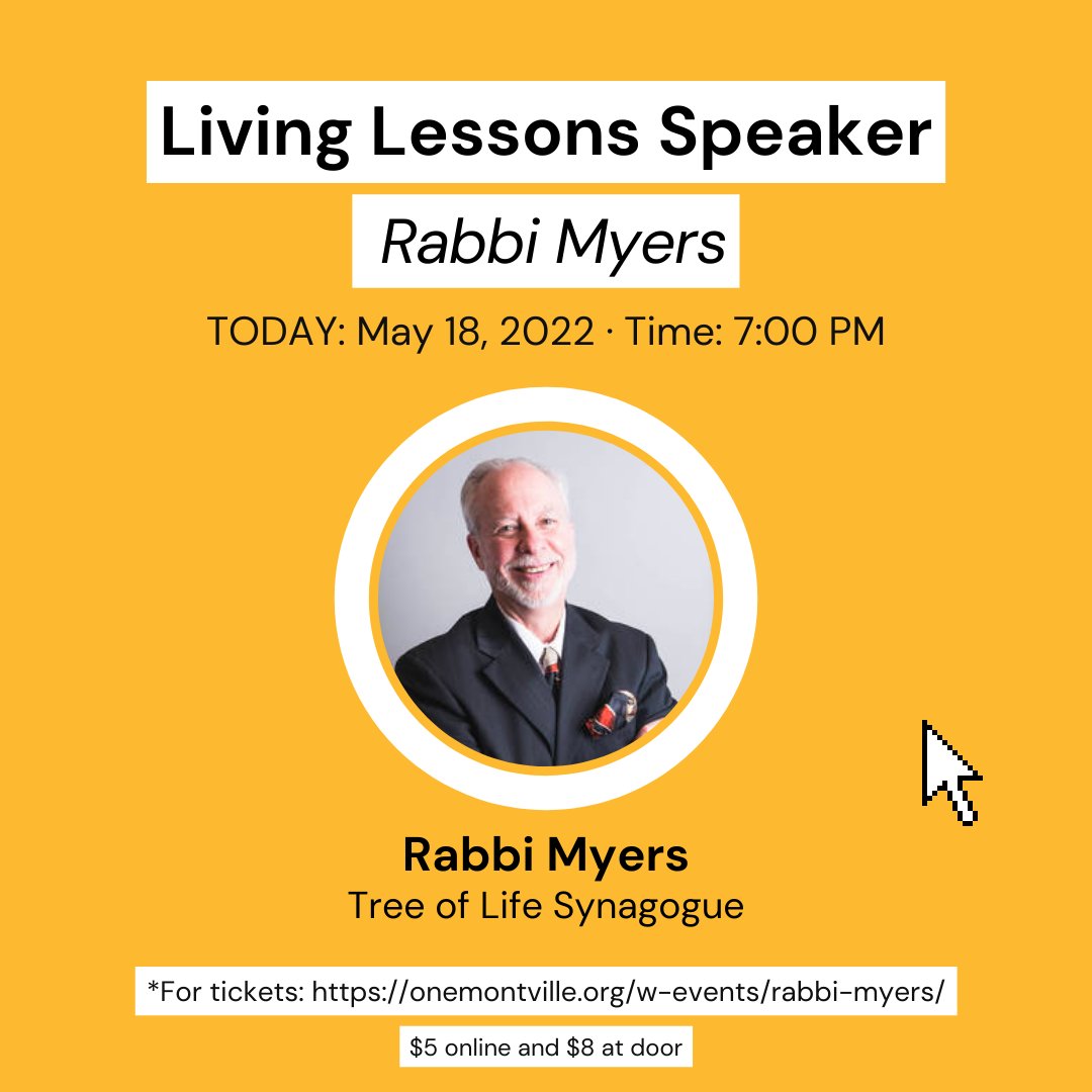 OneMontvilleNJ's tweet photo. Hear Rabbi Myers of Tree of Life Synagogue speak tonight IN ONE HOUR at 7 PM(Wednesday, May 18, 2022) at the @PBJC_Synagogue . TICKETS: https://t.co/xCES0Xep4L 
$5 online. $8 at door #onemontville #OMARK https://t.co/qKxczlLbnT
