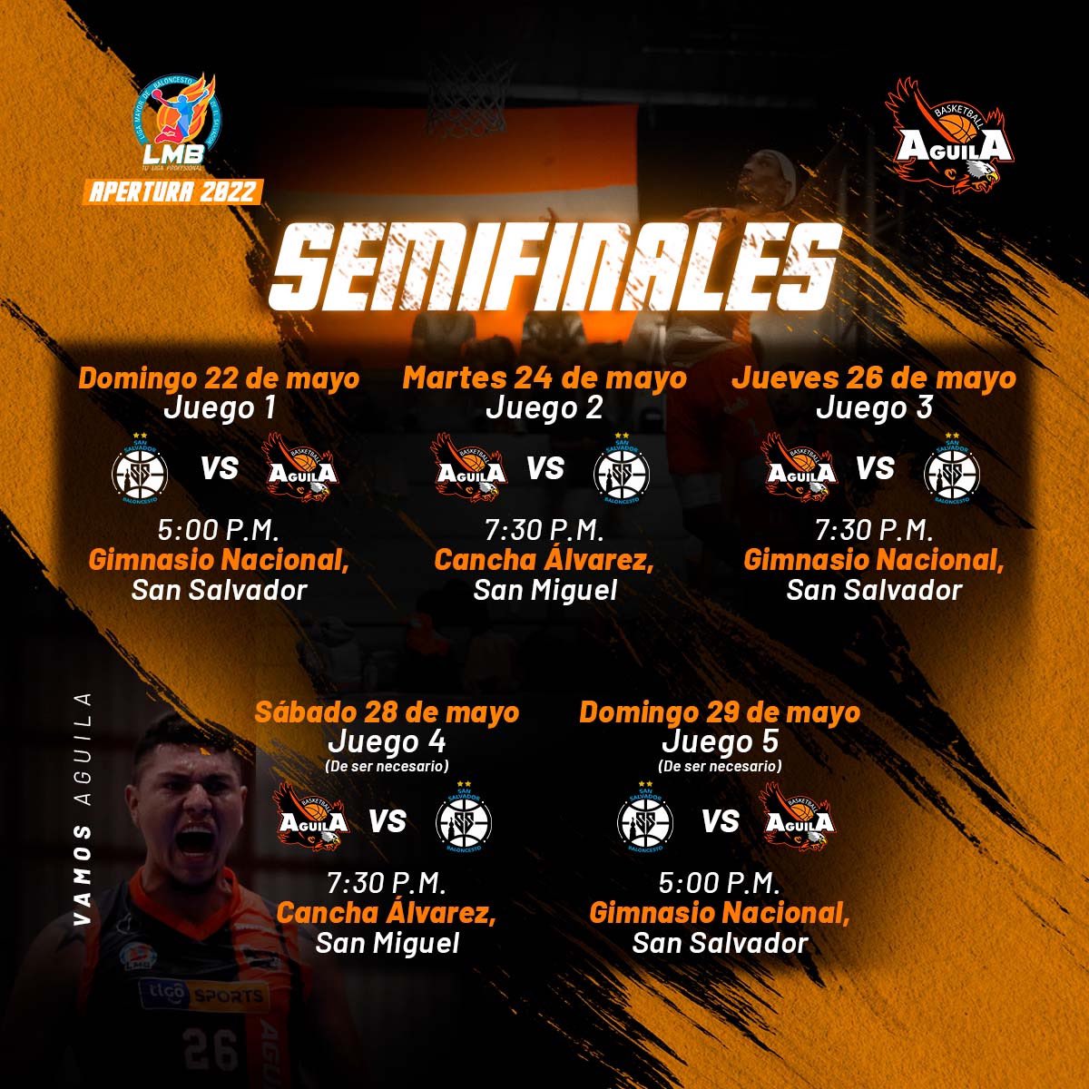 🏀SEMIFINALES, ESTAMOS LISTO  🏀

PRIMER JUEGO
Gimnasio Nacional  
🗓: Domingo 22 de mayo
⌚️: 5:00pm
🏷: $5.00. Niños $2.00 

Se viene una gran serie que disputar con San Salvador. 
NO TE LO PUEDES PERDER!!!!

#SomosAguilaBKB