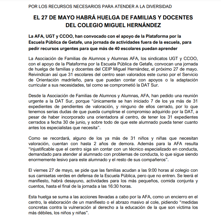 AmpaMhdez's tweet photo. 👇 Nota de prensa de nuestra AFA con motivo de la huelga de familias y docentes del próximo 27 de mayo. ¡Por el derecho a la educación de todo el alumnado! ¡Por una educación pública con recursos suficientes para atender a la diversidad! #30AlumnxsSinRecursos #MiguelEnLucha https://t.co/zWwMKjYWyc