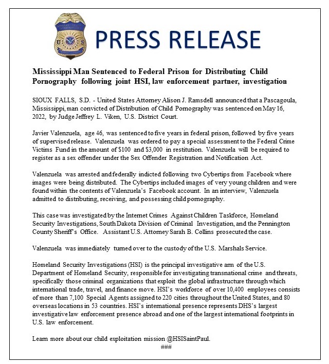 HSISaintPaul's tweet photo. This case was investigated by @HSISaintPaul, the Internet Crimes Against Children Taskforce, @SouthDakotaDCI & the @PennCoSheriff. #HSINorthland #LawEnforcementPartner #CyberTips https://t.co/90yK474Pib
