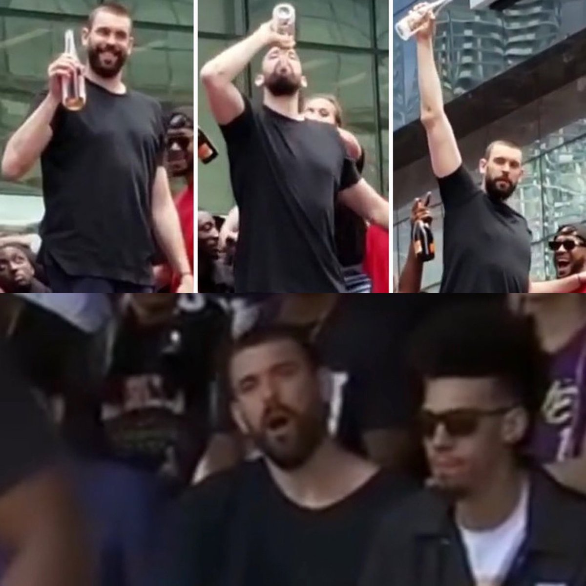 NBAMemes's tweet photo. Throwback to when Marc Gasol finished a whole bottle of wine during the parade and couldn’t sit still at the speech 😭😭 https://t.co/KDYKCYOAjH