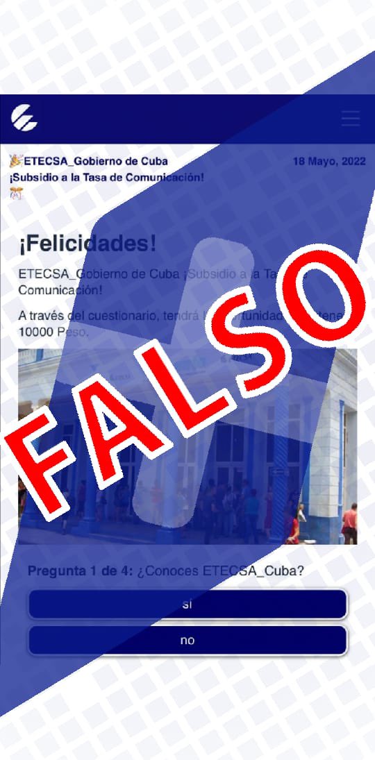 ETECSA_Cuba's tweet photo. 🚨ATENCIÓN🚨
Se encuentra circulando en Redes Sociales una FALSA INFORMACIÓN‼️ sobre concursos realizados por @ETECSA_Cuba
Reiteramos a los clientes que toda información oficial pueden obtenerla en nuestros perfiles institucionales o consultar el sitio web https://t.co/pgE92zsztf https://t.co/irgzyoZ5By