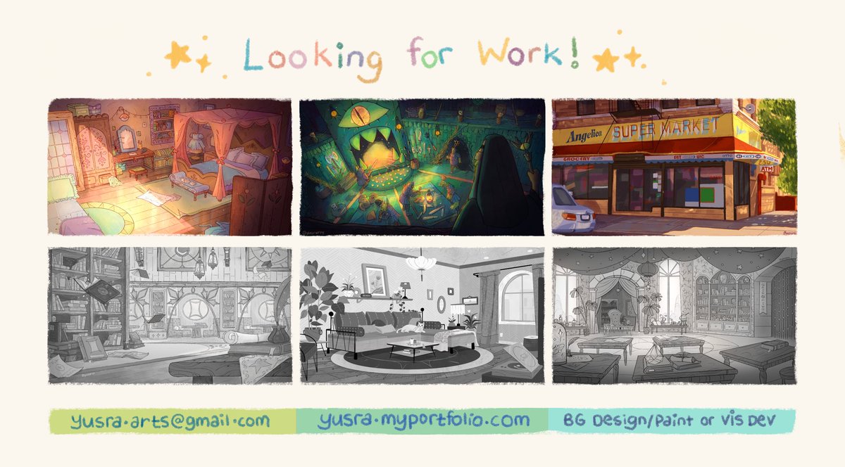 yusrarts's tweet photo. Hello lovely people! I wanted to put it out there that I’m…

✨ Looking for full time work!✨ 

I’m happy to do bg design, paint and vis dev design work. Past clients include Disney +, Apple TV, Sesame Street, CBS and more ☺️ 

🌟 https://t.co/DIWMHtrgiq
🌟 yusra.arts@gmail.com https://t.co/iJBvciIyek