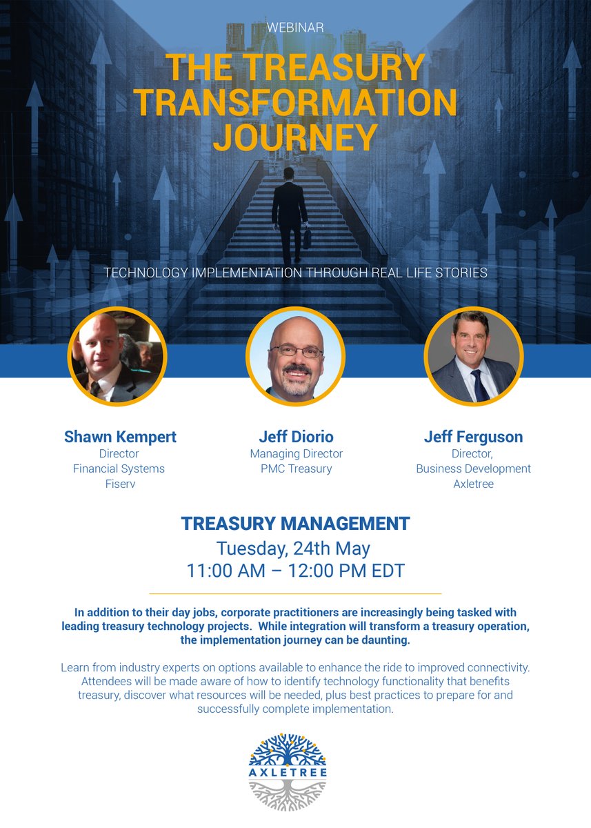 axletrees's tweet photo. Learn from the industry experts on options available to enhance the ride to improved connectivity.

Register Now - https://t.co/3LPuEaMmy4 

Approved for up to 1.2 CTP/CCM recertification credits by the Association for Financial Professionals.
#treasurymanagement #automation https://t.co/wbFIZJYyzt