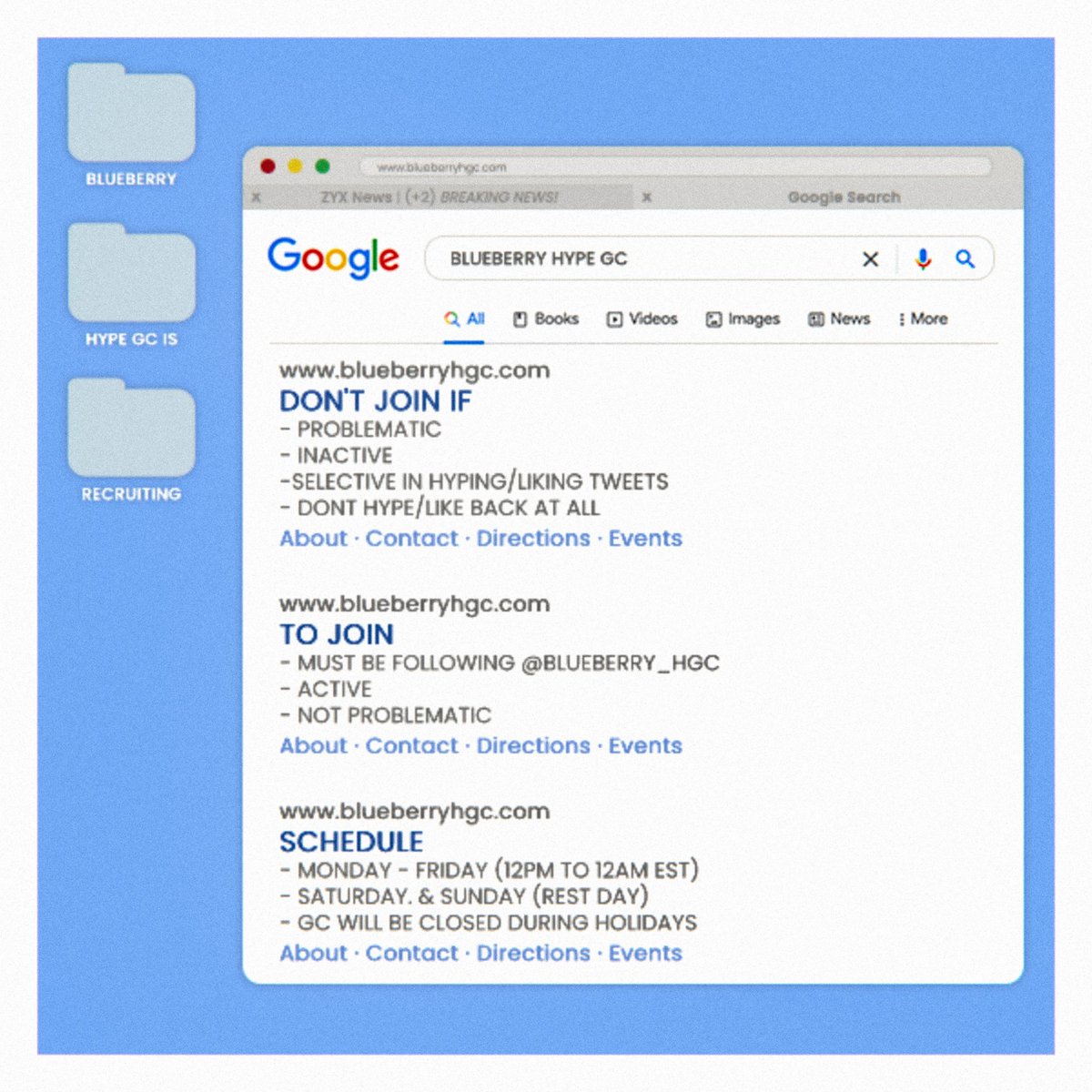 BLUEBERRY STRICT HYPE/PAYOLA GC IS RECRUITING NEW ACTIVE MEMBERS 💙

❤︎ reply with your @ (checking)
❤︎ retweet to spread!
❤︎ 60+ likes guaranteed
❤︎ always ACTIVE
❤︎ follow <a href="/blueberry_hgc/">✧ BB</a> (required)
❤︎ will be adding in 24 hours