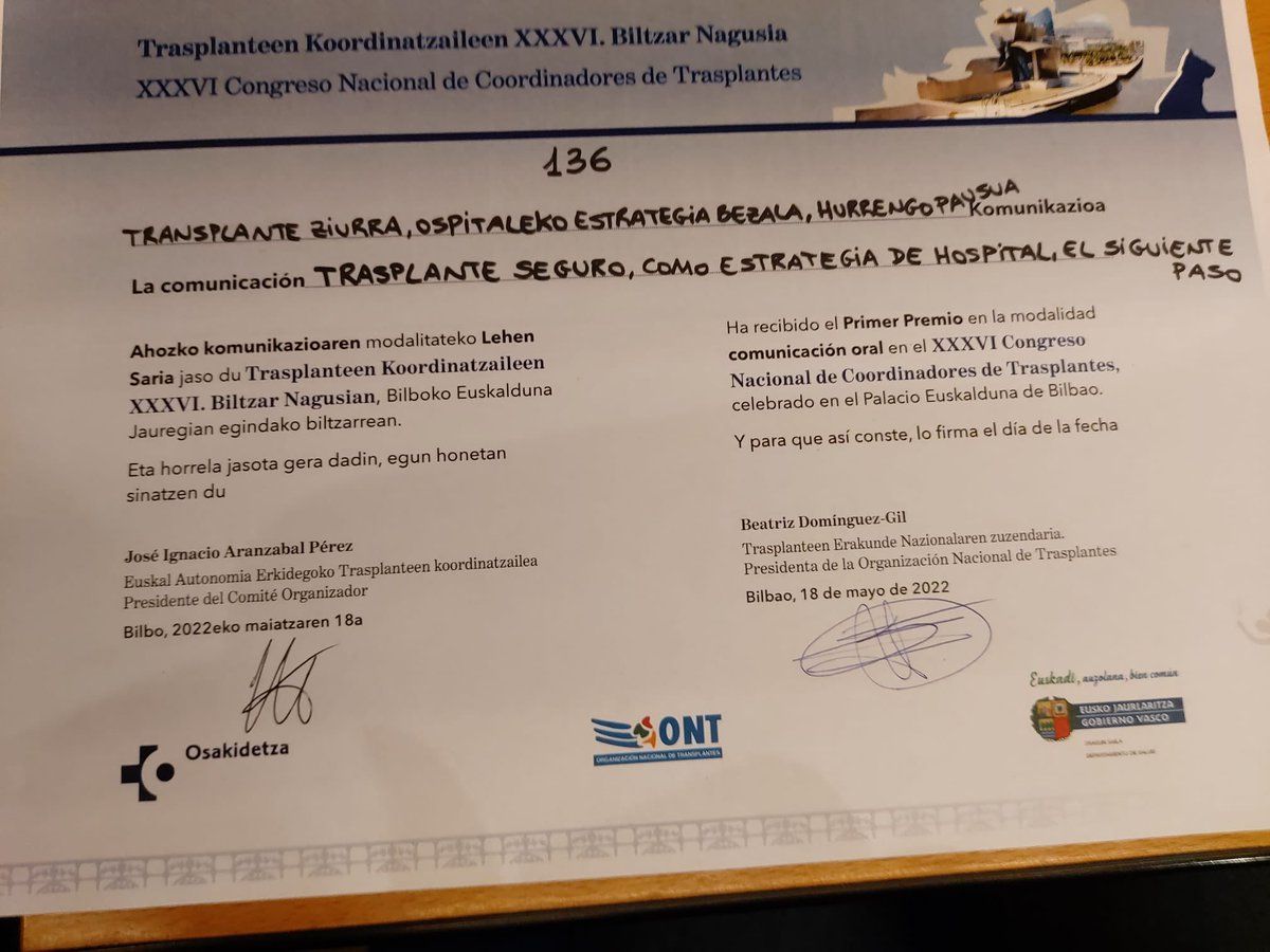 vallhebron's tweet photo. L'Hospital #VallHebron ha rebut avui el primer premi en la modalitat de comunicació oral en el XXXVI Congrés Nacional de #CoordinadoresTrasplantes2022 que organitza l'@ONT_esp pel projecte "Trasplantament segur com a estratègia d'hospital, el següent pas". https://t.co/ALAtXHcowK